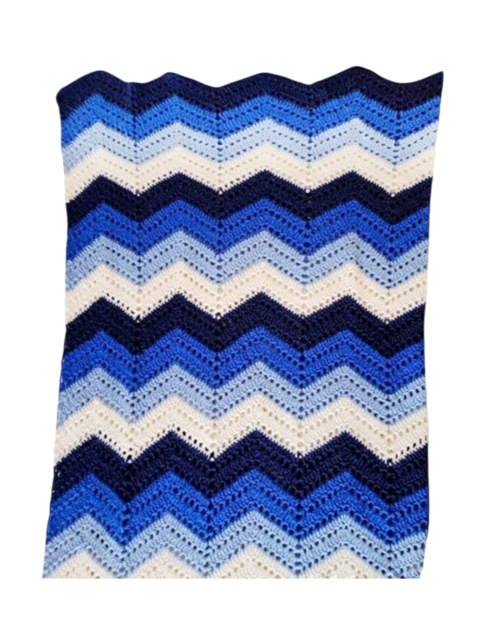 Vintage Crochet Afghan Blanket Handmade Blue Chevron 72” Square Coastal Boho